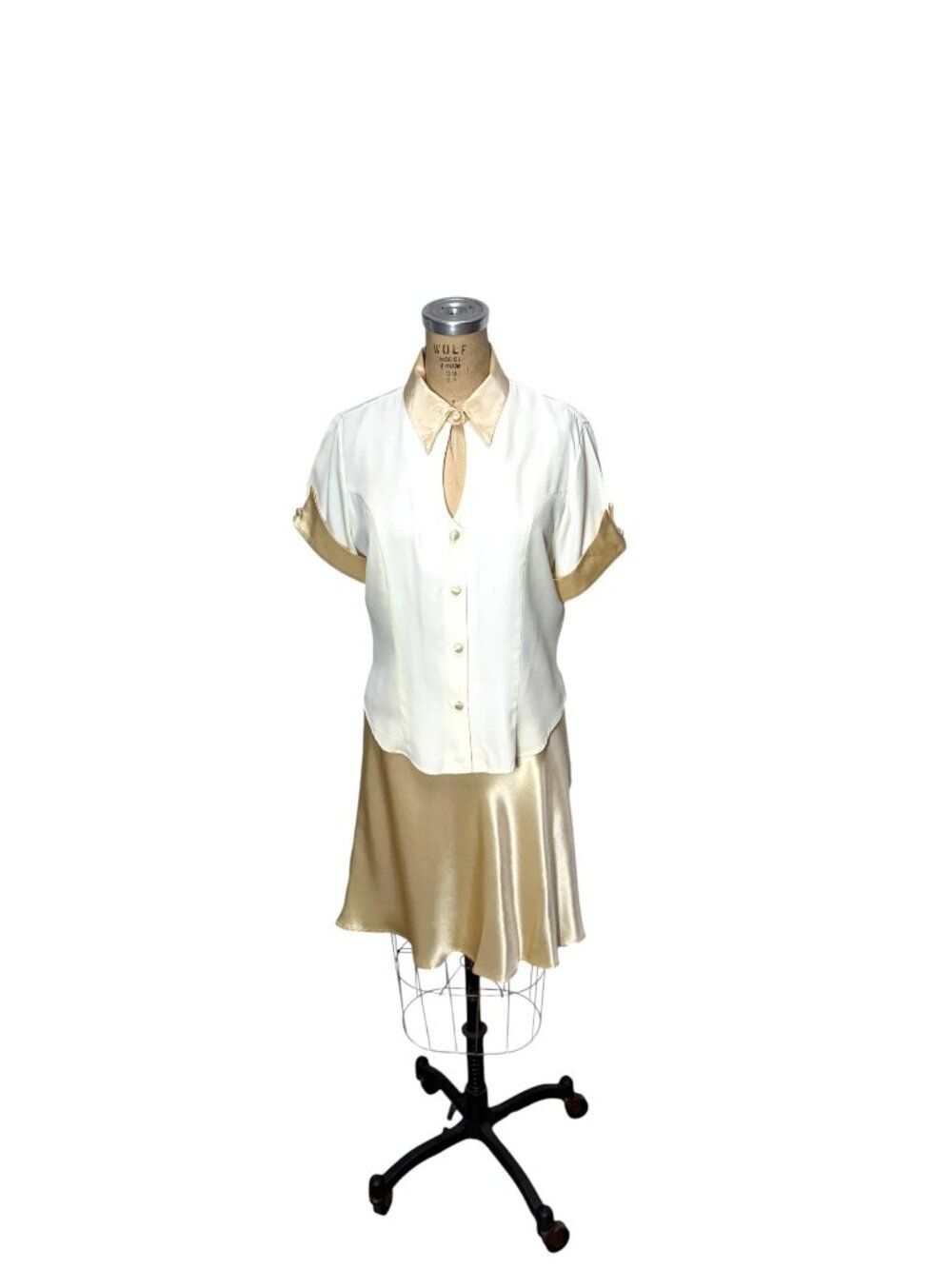 1980s skirt and blouse set with satin skirt and keyhole blouse by Studio C